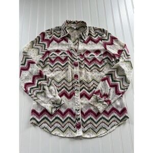Candies‎ Chevron Button Up Shirt Womens M Pink White Zig Zag Sheer Polyester